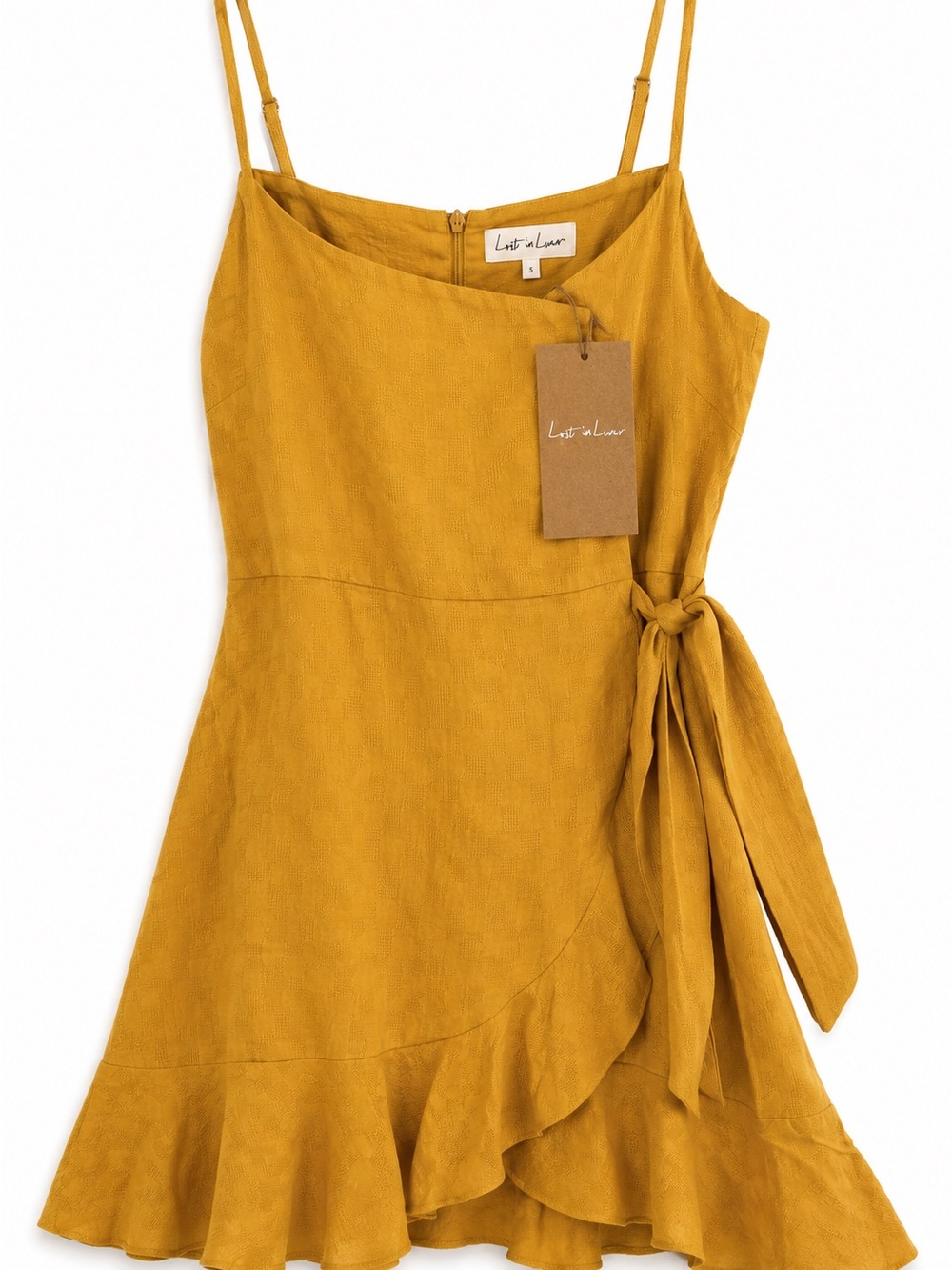 Lost in Lunar Cotton Faux Wrap Dress Marigold Yellow Mini Ruffle Hem BNWT Size 4